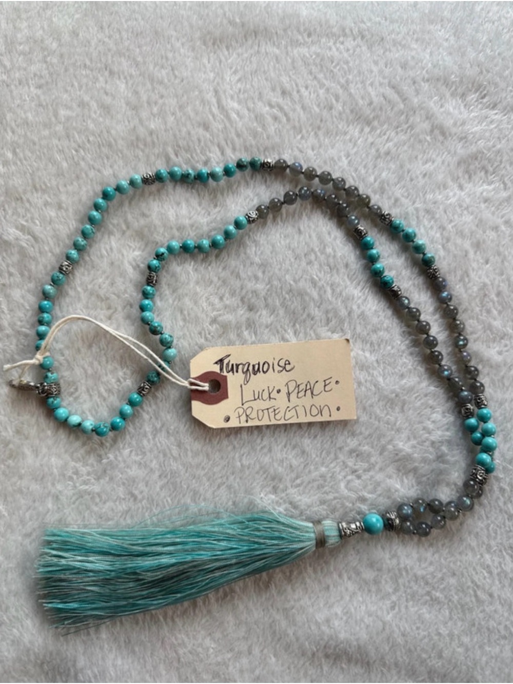 Turquoise and Gray Beaded Tassel Necklace - Spiritual Protection
